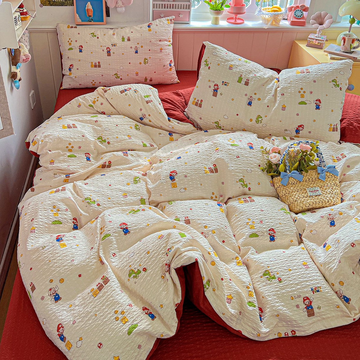 91家纺网 家纺一手货源 找家纺 欧妮家纺 2026新款泡芙棉印花四件套-跑量款 泡芙-超级玛丽