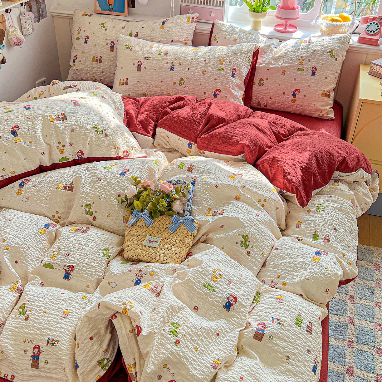 91家纺网 家纺一手货源 找家纺 欧妮家纺 2026新款泡芙棉印花四件套-跑量款 泡芙-超级玛丽