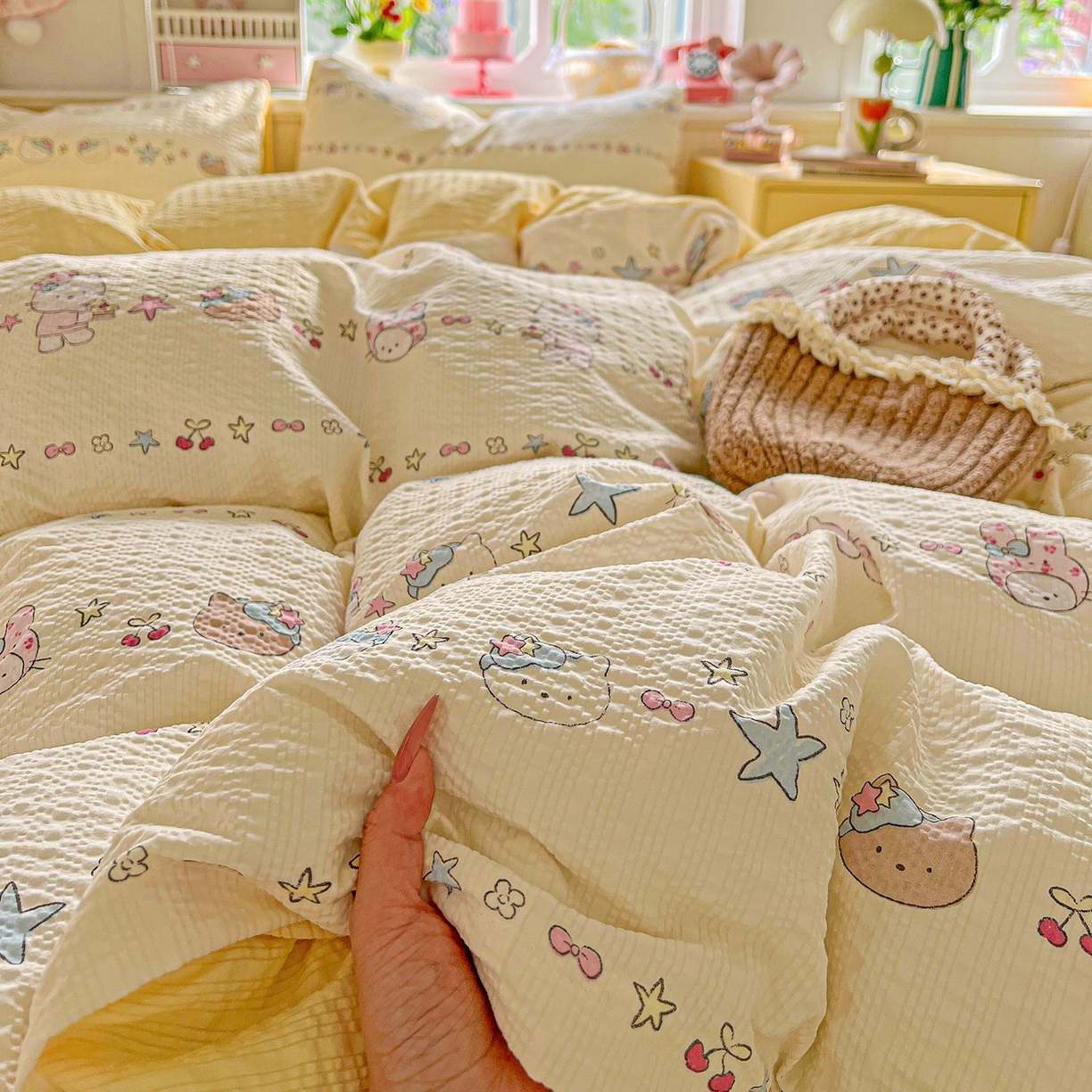 91家纺网 家纺一手货源 找家纺 欧妮家纺 2026新款泡芙棉印花四件套-跑量款 泡芙-萌宠派对（黄）