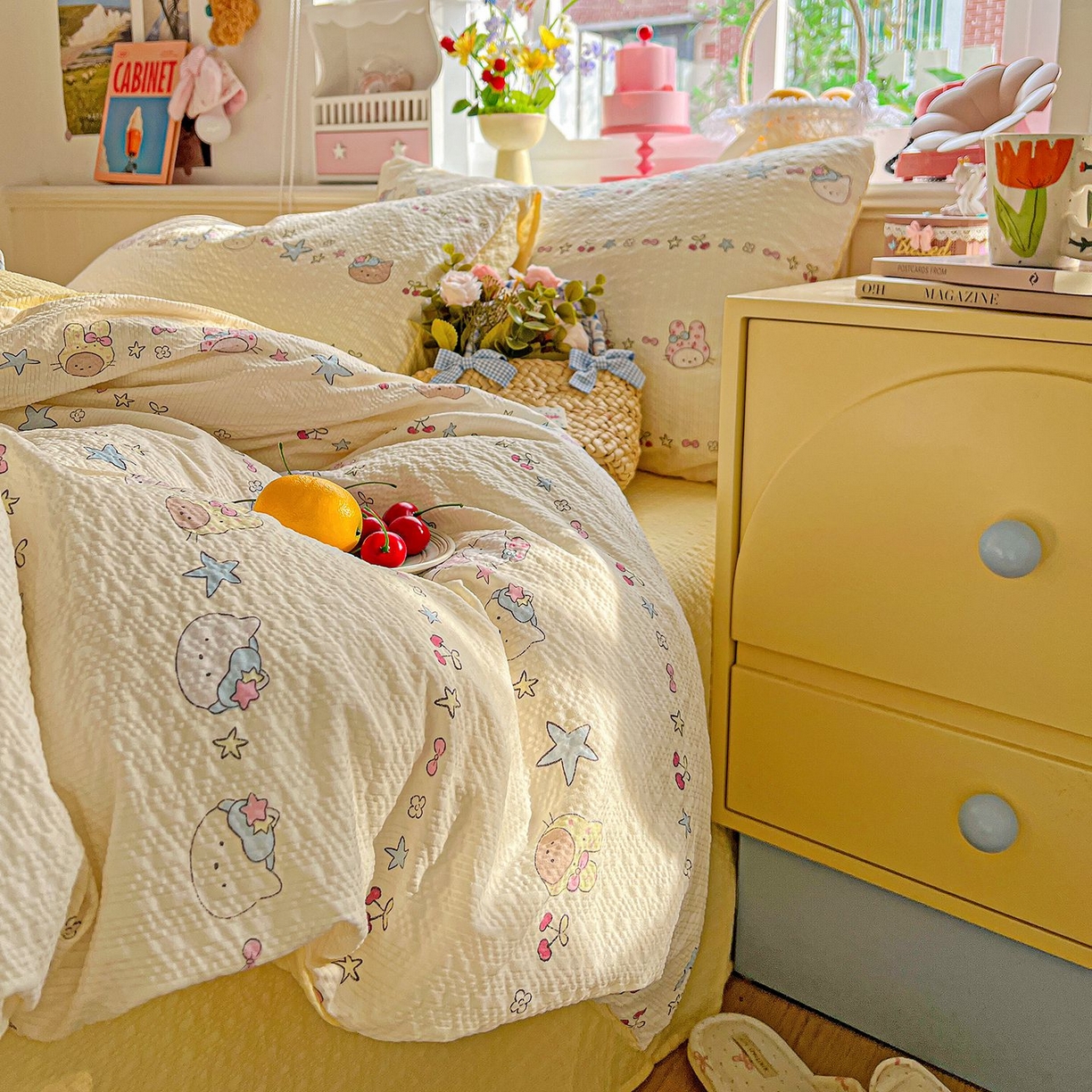 91家纺网 家纺一手货源 找家纺 欧妮家纺 2026新款泡芙棉印花四件套-跑量款 泡芙-萌宠派对（黄）
