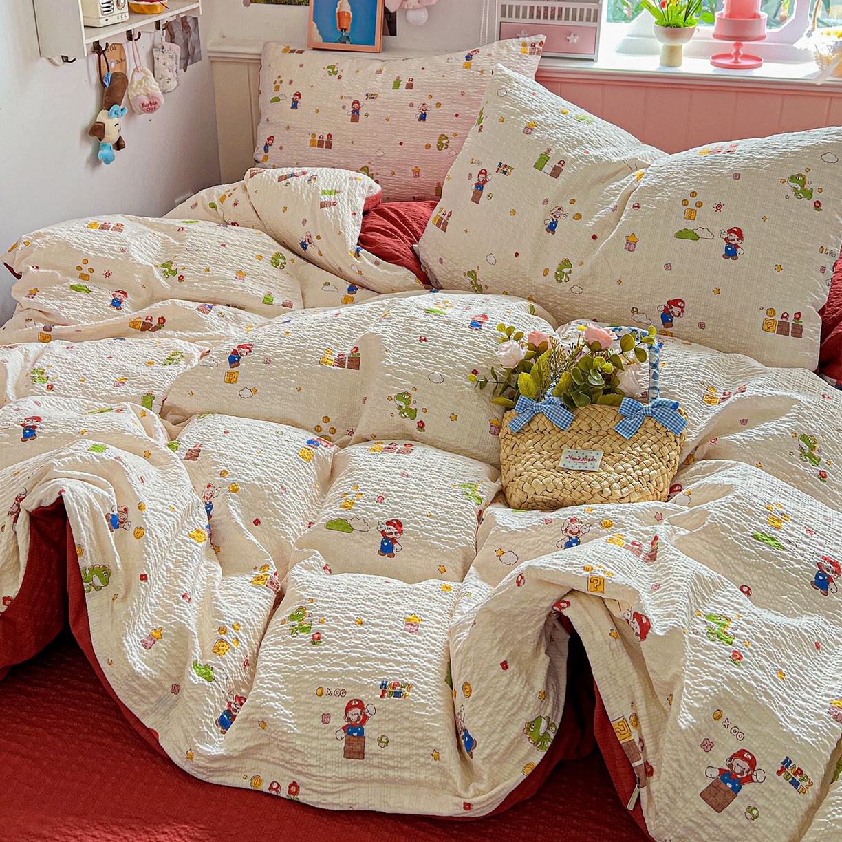 91家纺网 家纺一手货源 找家纺 欧妮家纺 2026新款泡芙棉印花四件套-跑量款 泡芙-超级玛丽