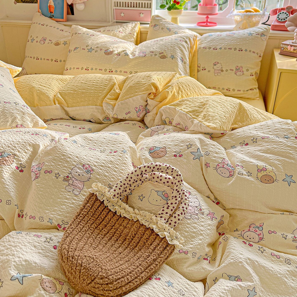 91家纺网 家纺一手货源 找家纺 欧妮家纺 2026新款泡芙棉印花四件套-跑量款 泡芙-萌宠派对（黄）