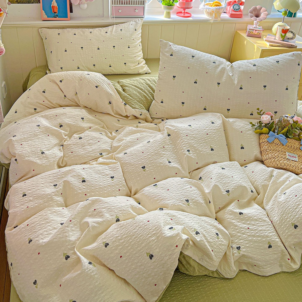 91家纺网 家纺一手货源 找家纺 欧妮家纺 2026新款泡芙棉印花四件套-跑量款 泡芙-奶樱点点