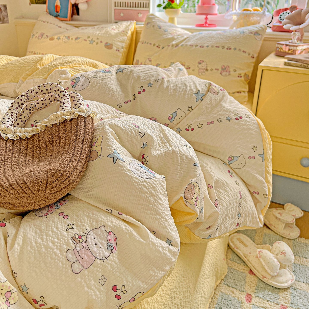 91家纺网 家纺一手货源 找家纺 欧妮家纺 2026新款泡芙棉印花四件套-跑量款 泡芙-萌宠派对（黄）