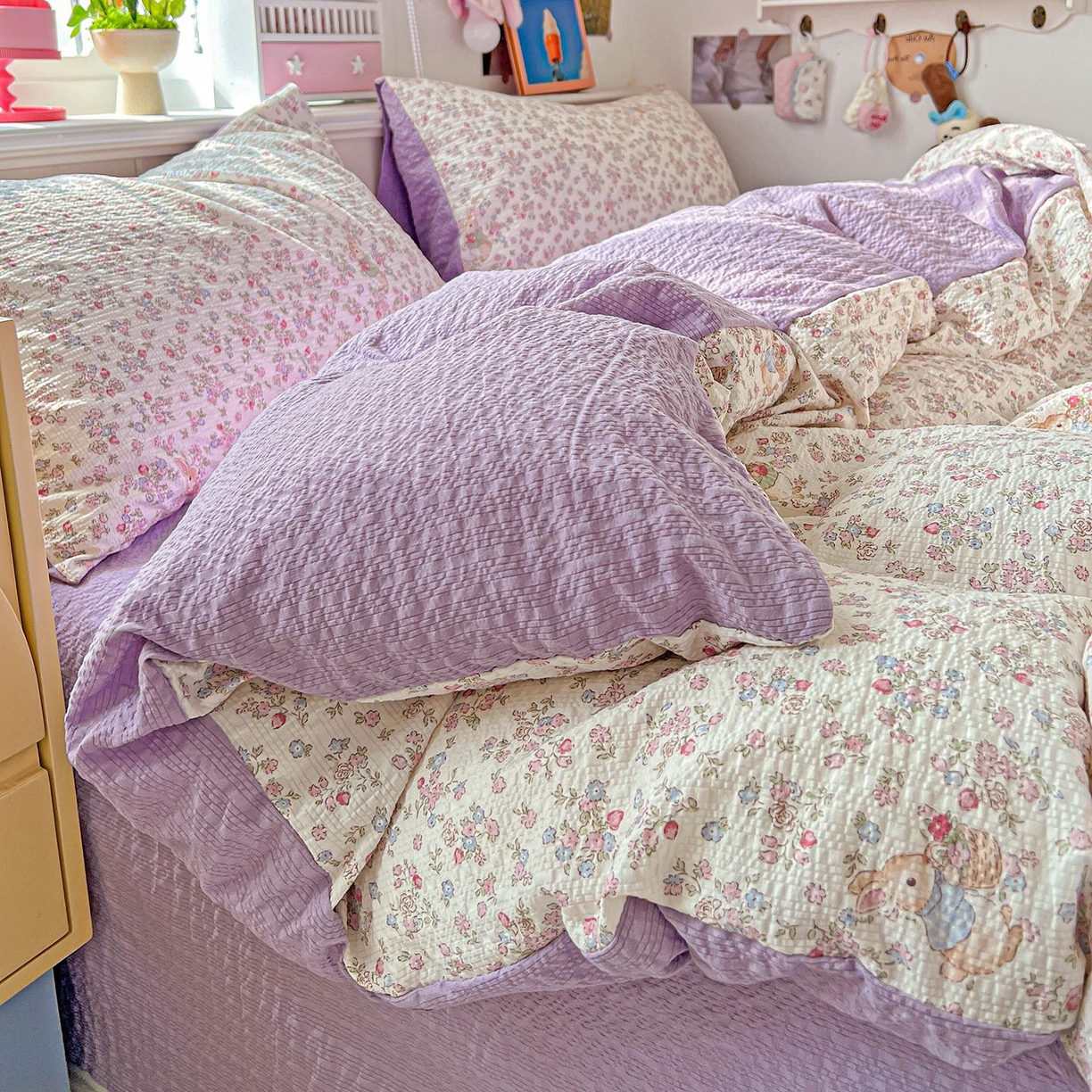 91家纺网 家纺一手货源 找家纺 欧妮家纺 2026新款泡芙棉印花四件套-跑量款 泡芙-花紫兔