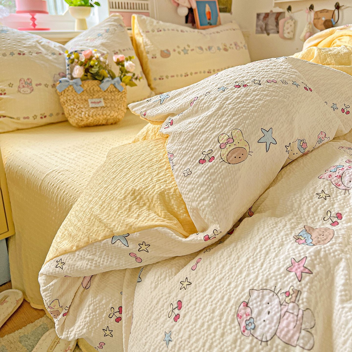 91家纺网 家纺一手货源 找家纺 欧妮家纺 2026新款泡芙棉印花四件套-跑量款 泡芙-萌宠派对（黄）