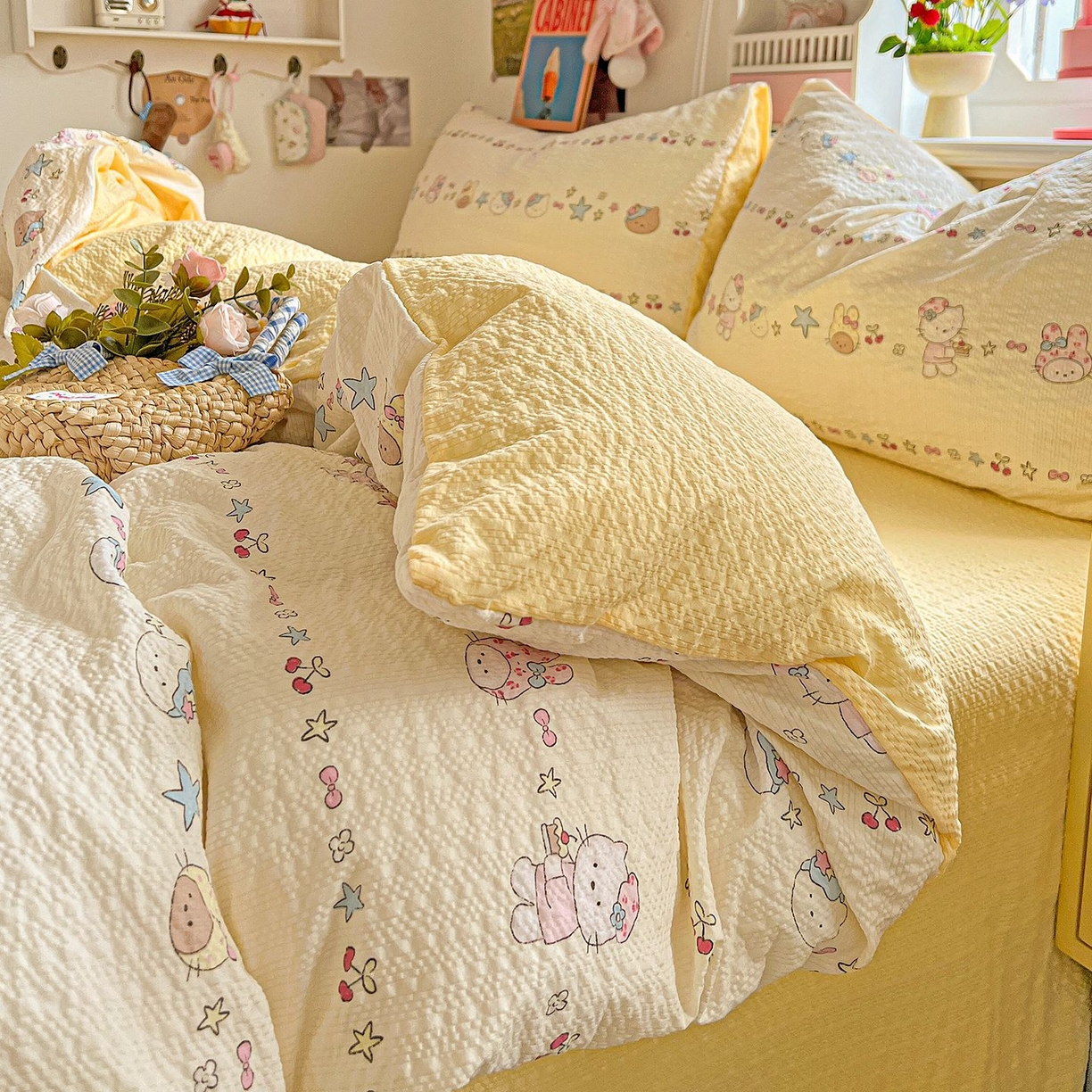 91家纺网 家纺一手货源 找家纺 欧妮家纺 2026新款泡芙棉印花四件套-跑量款 泡芙-萌宠派对（黄）