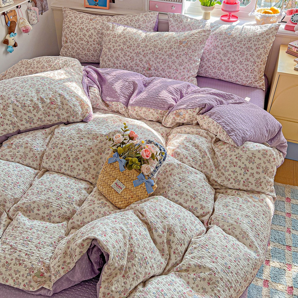 欧妮家纺 2026新款泡芙棉印花四件套-跑量款 泡芙-花紫兔