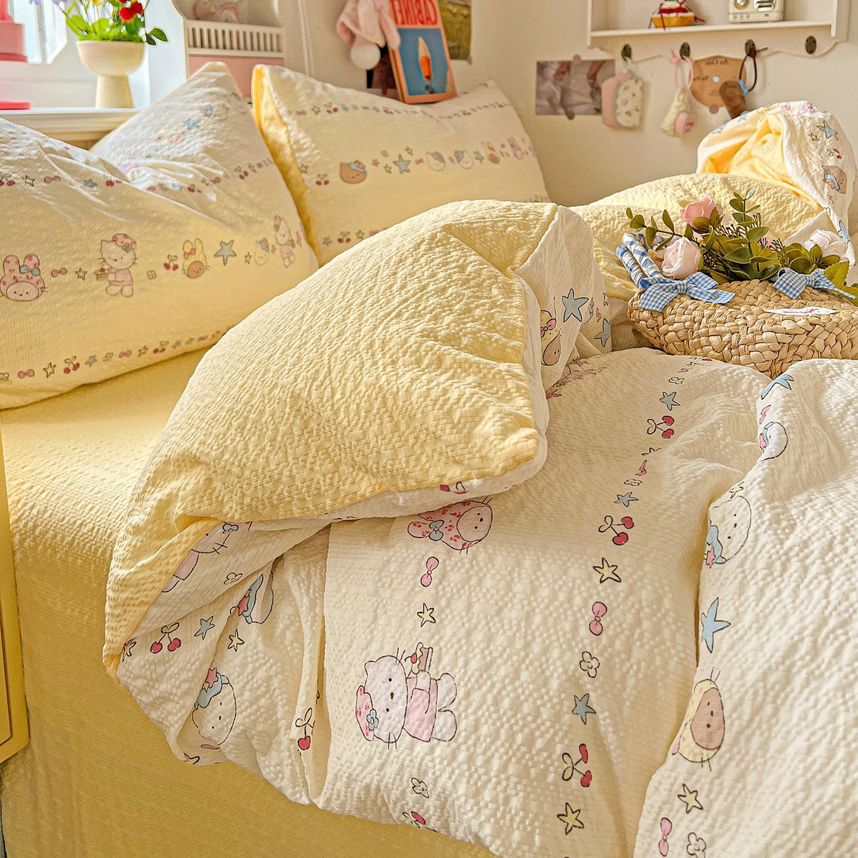 91家纺网 家纺一手货源 找家纺 欧妮家纺 2026新款泡芙棉印花四件套-跑量款 泡芙-萌宠派对（黄）