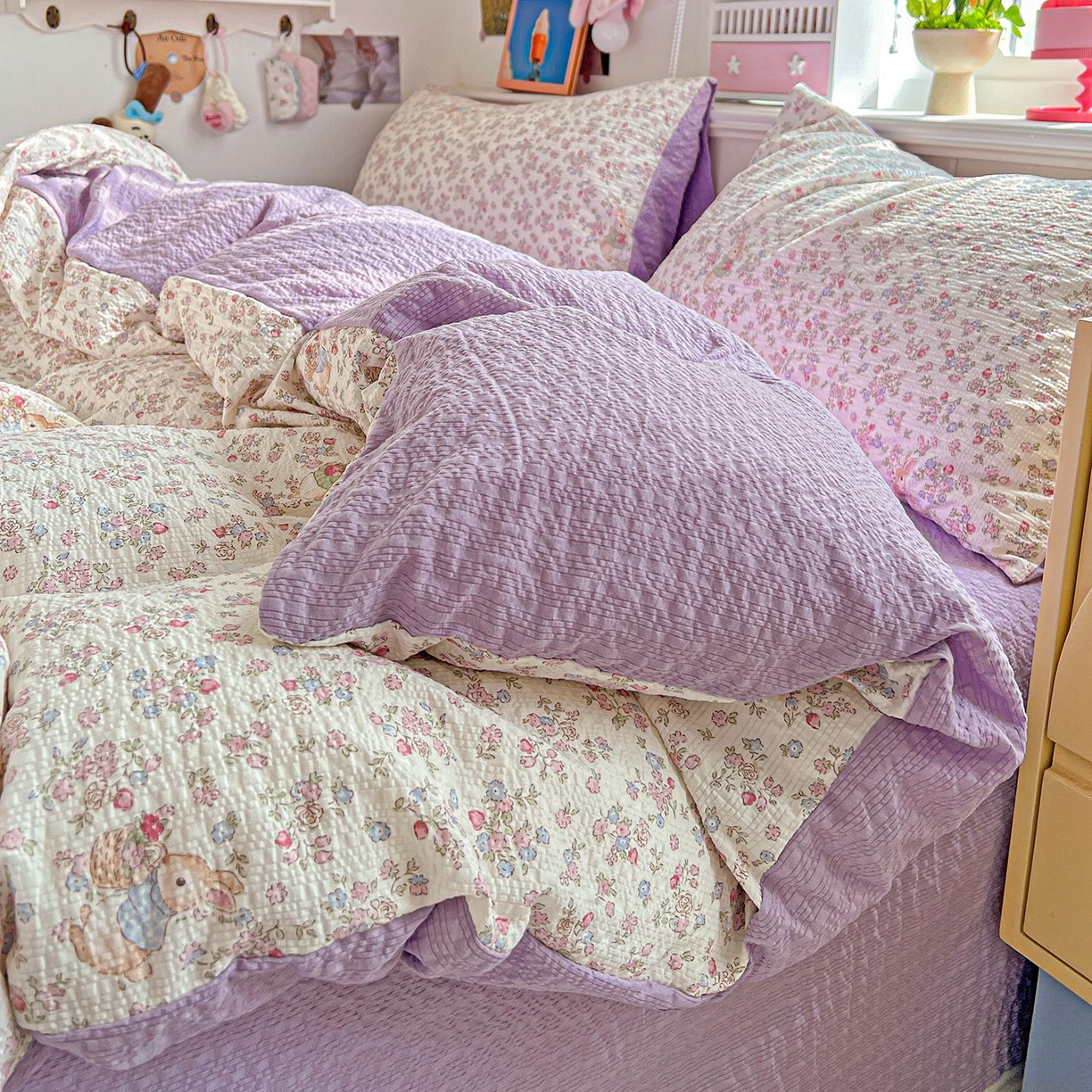 91家纺网 家纺一手货源 找家纺 欧妮家纺 2026新款泡芙棉印花四件套-跑量款 泡芙-花紫兔