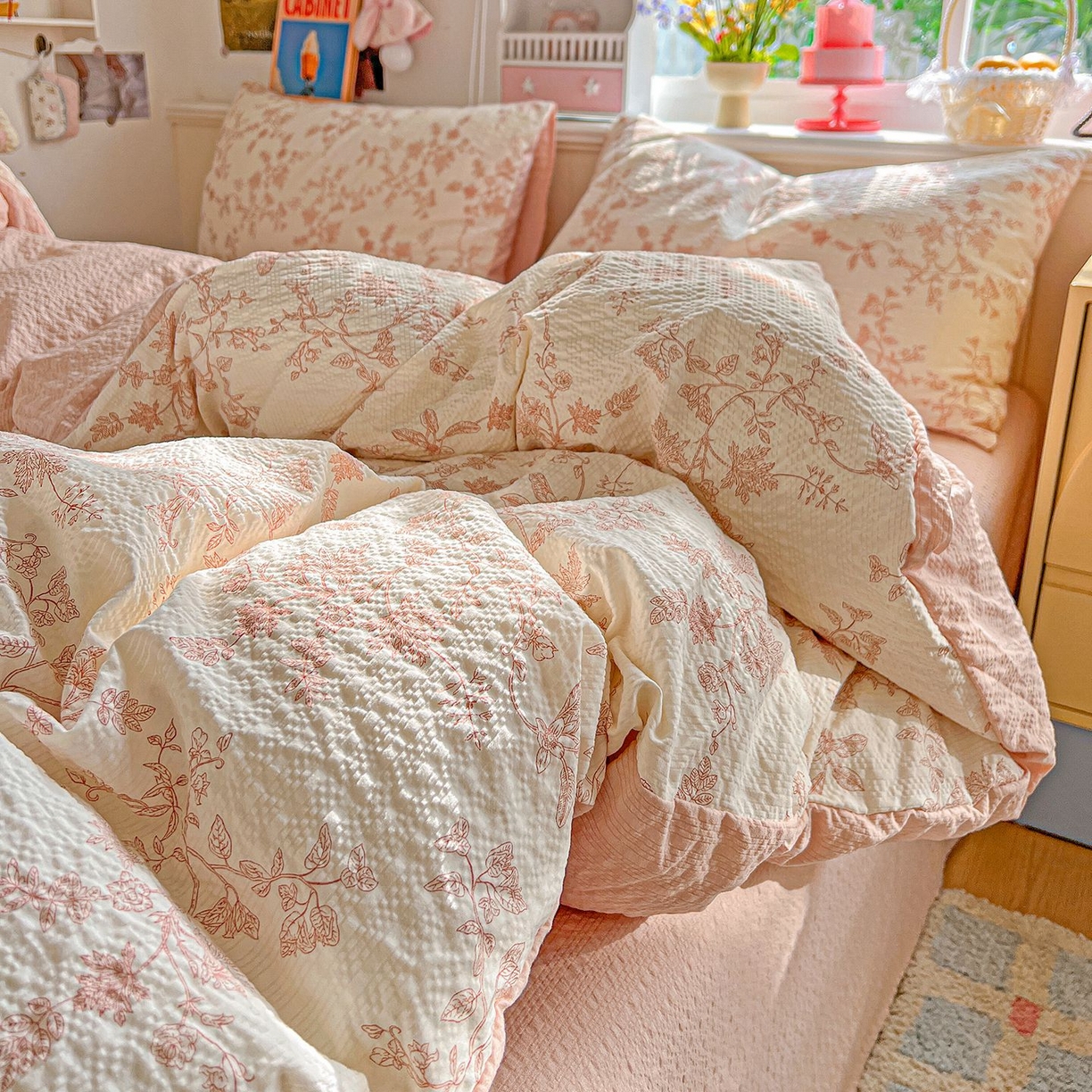 91家纺网 家纺一手货源 找家纺 欧妮家纺 2026新款泡芙棉印花四件套-跑量款 泡芙-花蔓（粉）