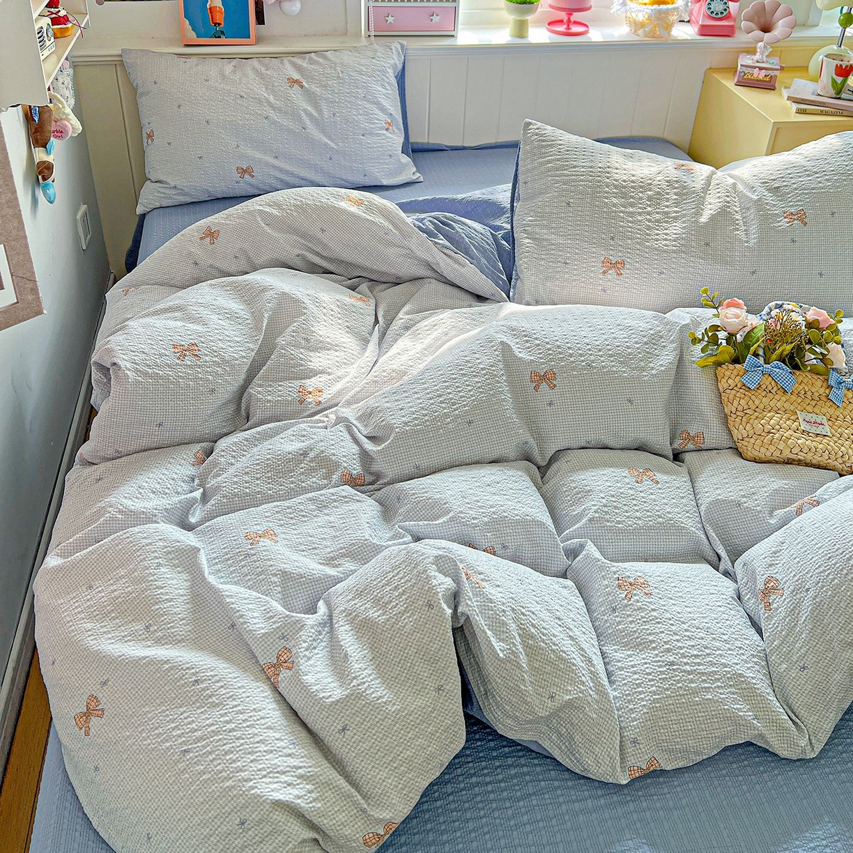 91家纺网 家纺一手货源 找家纺 欧妮家纺 2026新款泡芙棉印花四件套-跑量款 泡芙-格纹蝶梦