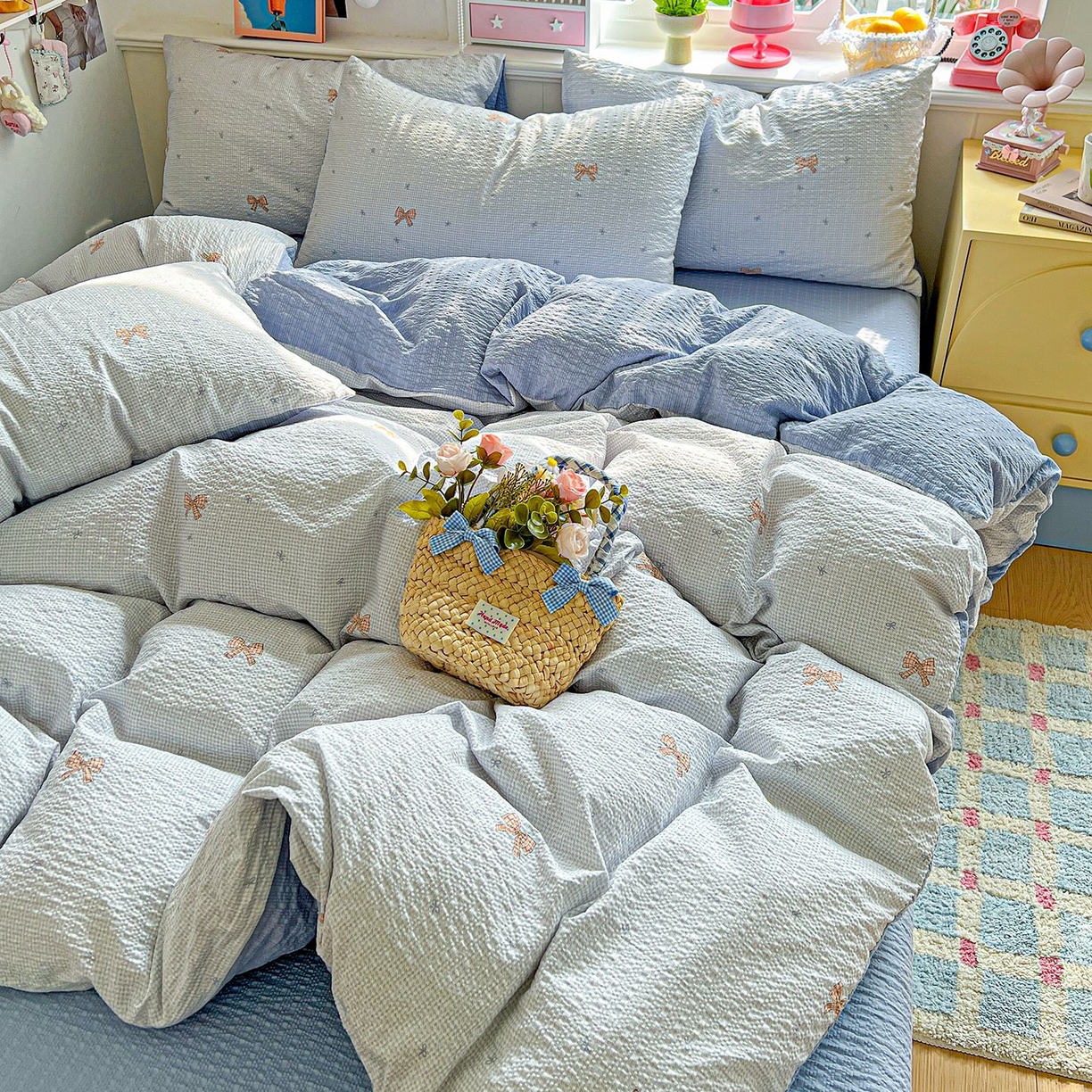 欧妮家纺 2026新款泡芙棉印花四件套-跑量款 泡芙-格纹蝶梦