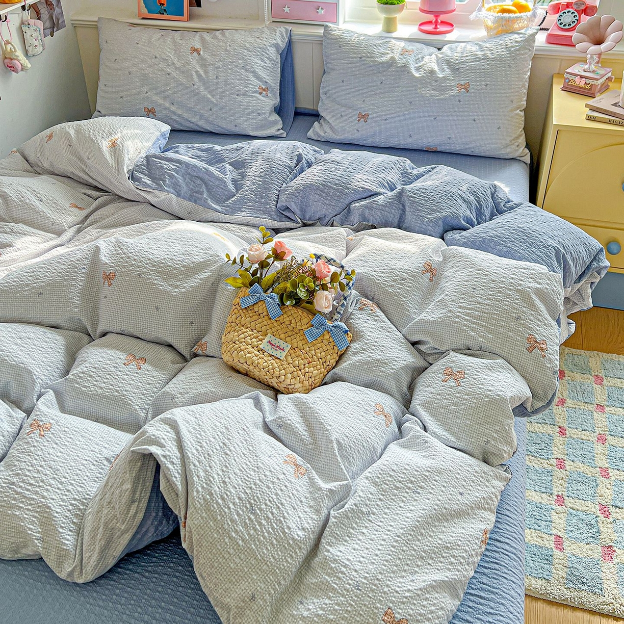 91家纺网 家纺一手货源 找家纺 欧妮家纺 2026新款泡芙棉印花四件套-跑量款 泡芙-格纹蝶梦