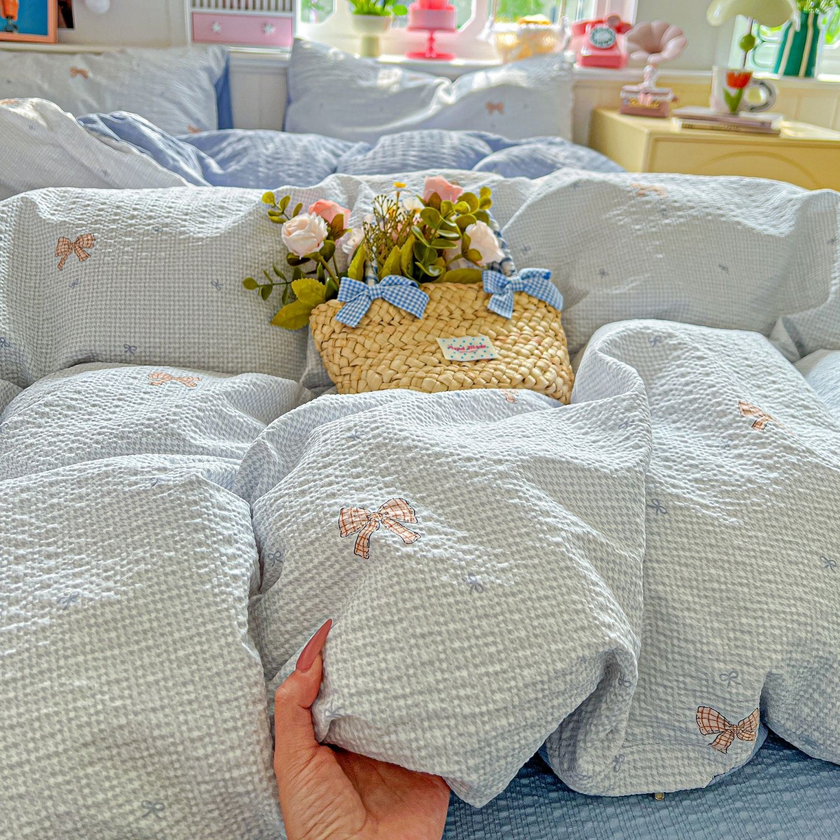 91家纺网 家纺一手货源 找家纺 欧妮家纺 2026新款泡芙棉印花四件套-跑量款 泡芙-格纹蝶梦