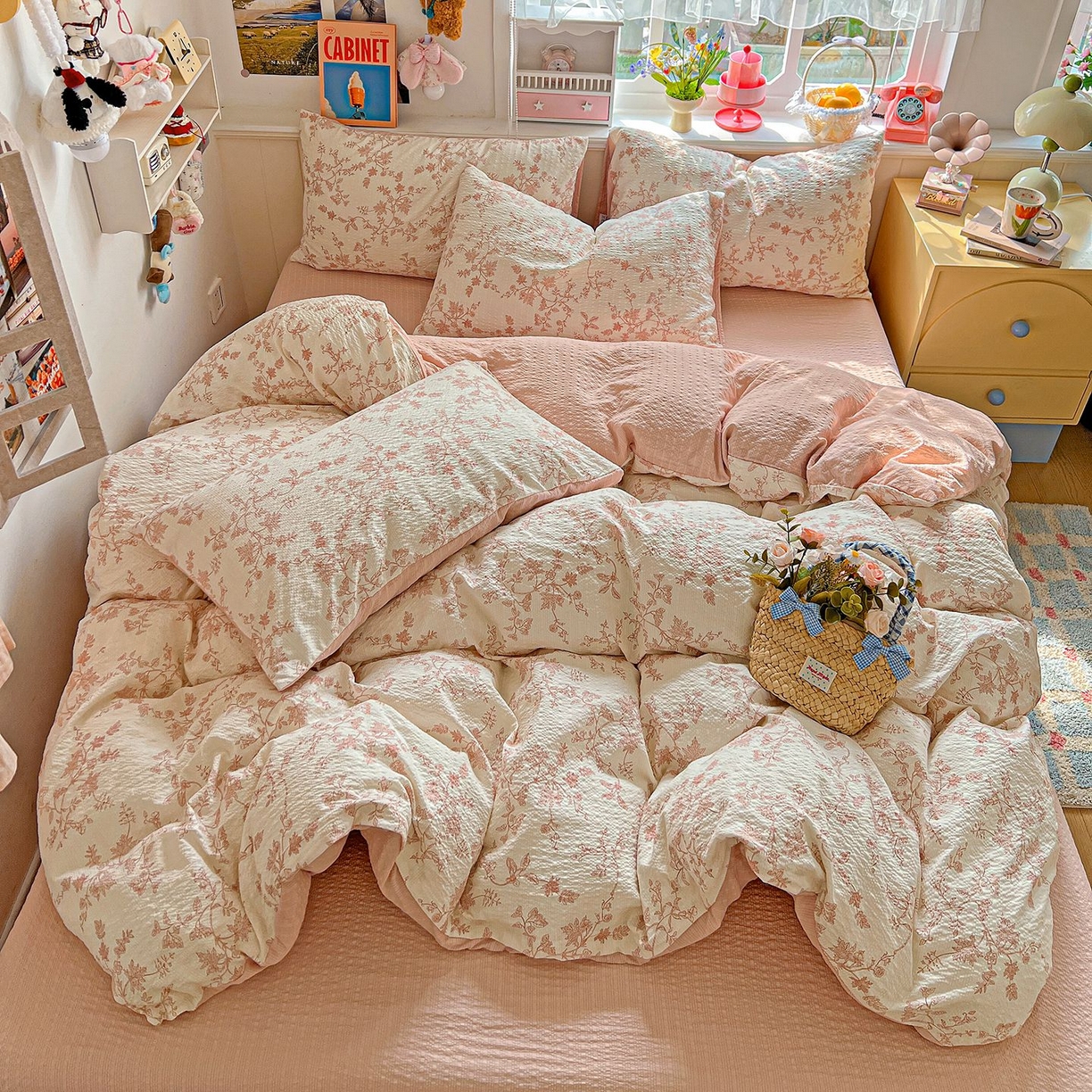 91家纺网 家纺一手货源 找家纺 欧妮家纺 2026新款泡芙棉印花四件套-跑量款 泡芙-花蔓（粉）