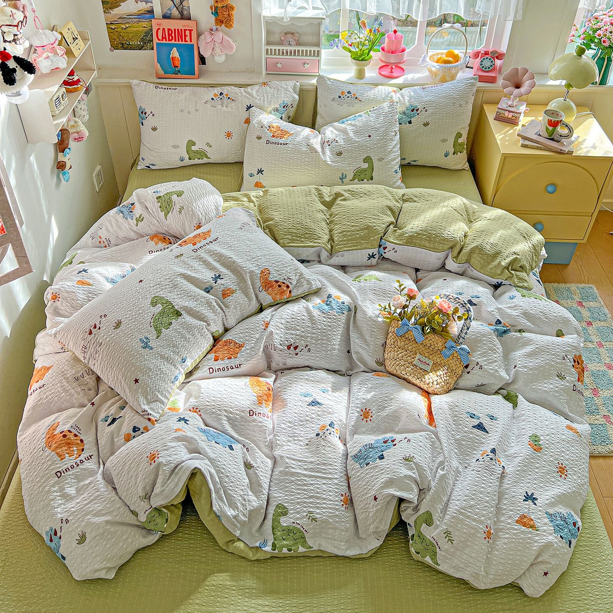 91家纺网 家纺一手货源 找家纺 欧妮家纺 2026新款泡芙棉印花四件套-跑量款 泡芙-恐龙日记