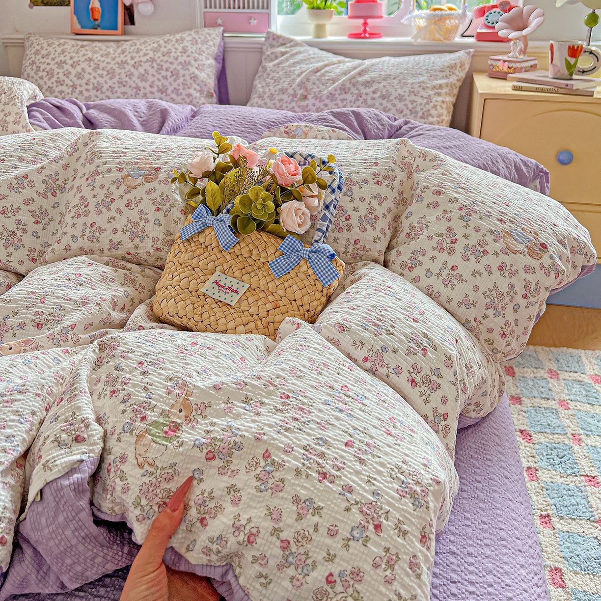 91家纺网 家纺一手货源 找家纺 欧妮家纺 2026新款泡芙棉印花四件套-跑量款 泡芙-花紫兔