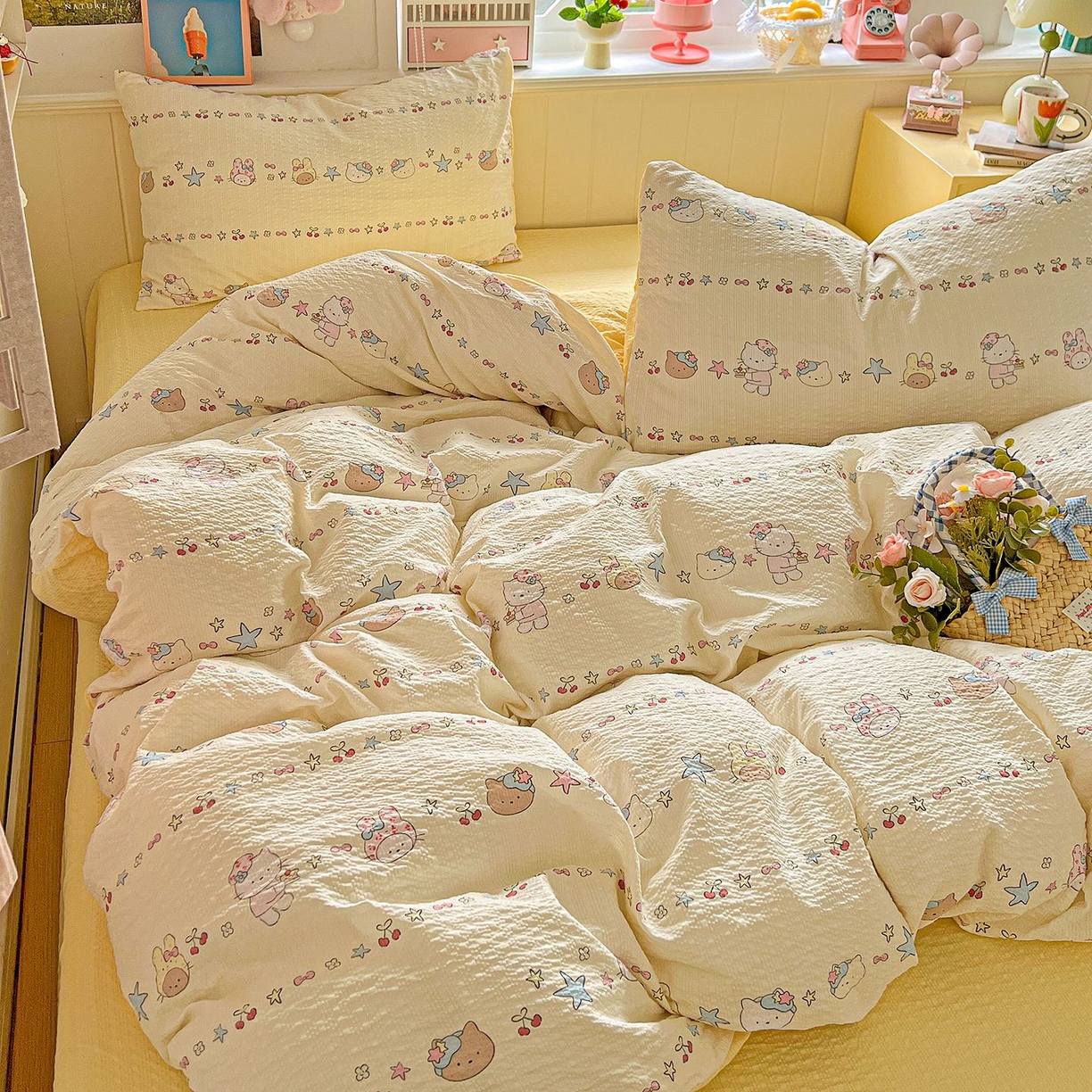 91家纺网 家纺一手货源 找家纺 欧妮家纺 2026新款泡芙棉印花四件套-跑量款 泡芙-萌宠派对（黄）