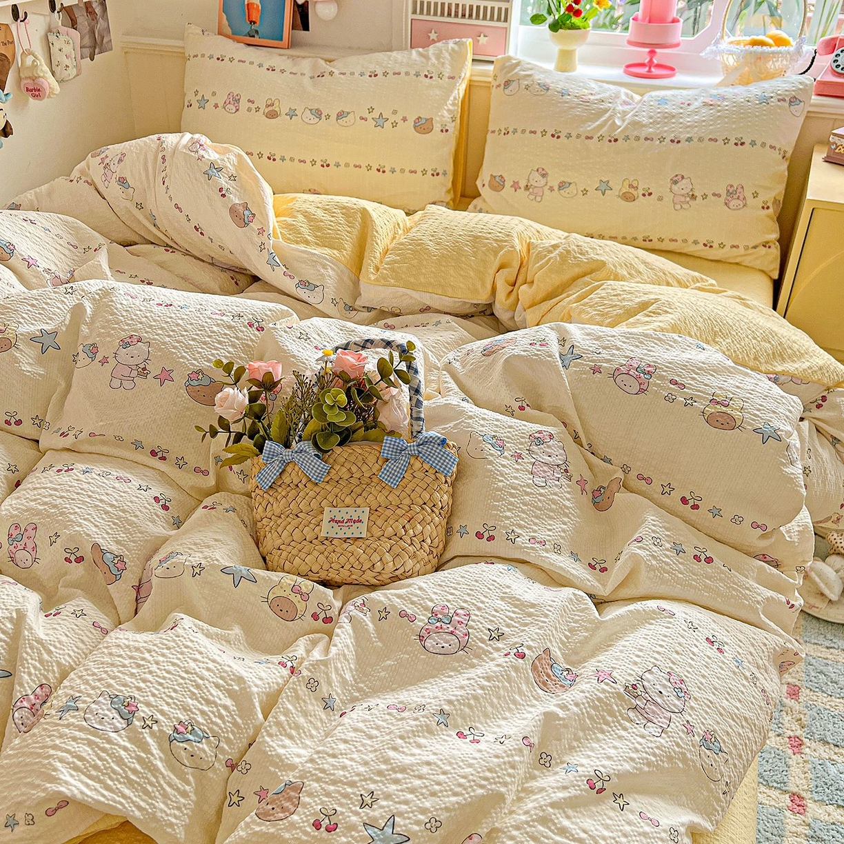 91家纺网 家纺一手货源 找家纺 欧妮家纺 2026新款泡芙棉印花四件套-跑量款 泡芙-萌宠派对（黄）