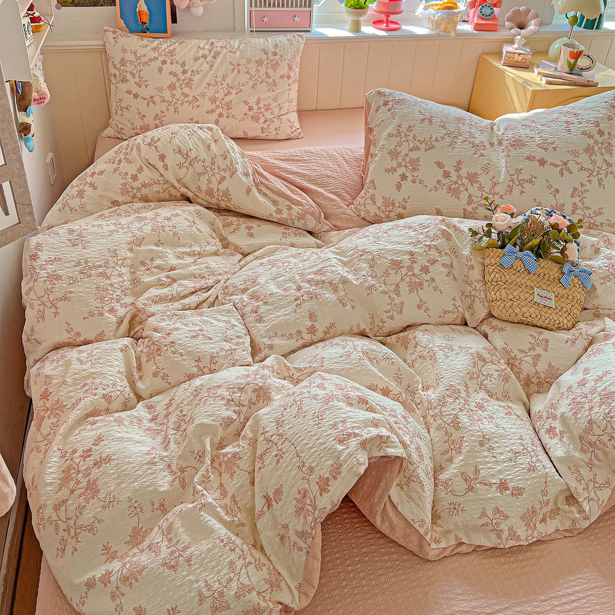 91家纺网 家纺一手货源 找家纺 欧妮家纺 2026新款泡芙棉印花四件套-跑量款 泡芙-花蔓（粉）