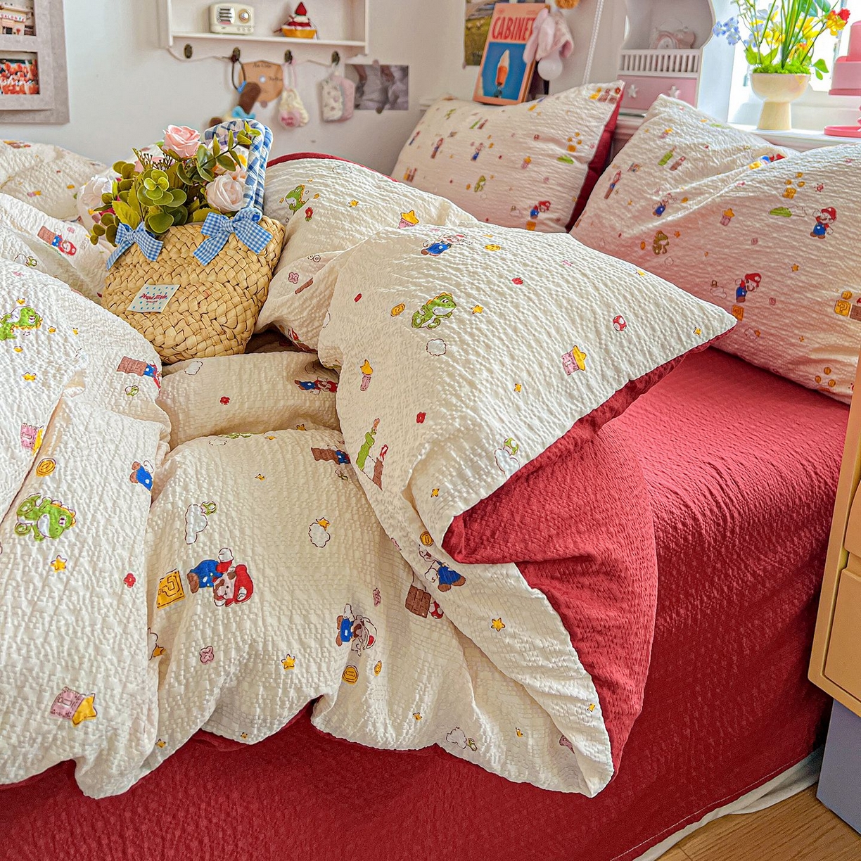 91家纺网 家纺一手货源 找家纺 欧妮家纺 2026新款泡芙棉印花四件套-跑量款 泡芙-超级玛丽