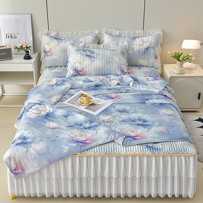 畅畅家纺 2026春夏新款凉感丝乳胶床裙凉席三件套印花凉席席子-足球花 足球花-繁花-蓝