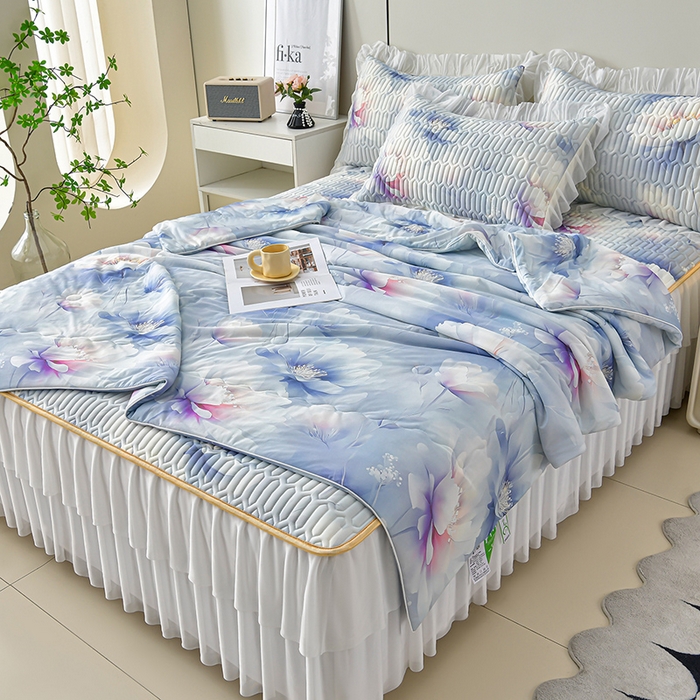 91家纺网 家纺一手货源 找家纺 畅畅家纺 2026春夏新款凉感丝乳胶床裙凉席三件套印花凉席席子-足球花 足球花-繁花-蓝