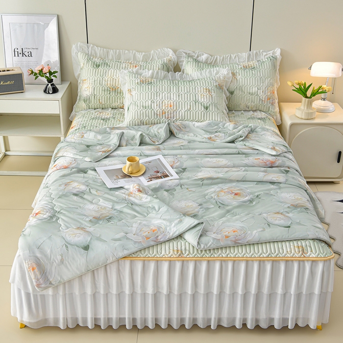 畅畅家纺 2026春夏新款凉感丝乳胶床裙凉席三件套印花凉席席子-足球花 足球花-繁花-绿