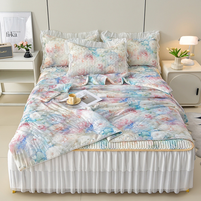 畅畅家纺 2026春夏新款凉感丝乳胶床裙凉席三件套印花凉席席子-足球花 足球花-繁花-粉