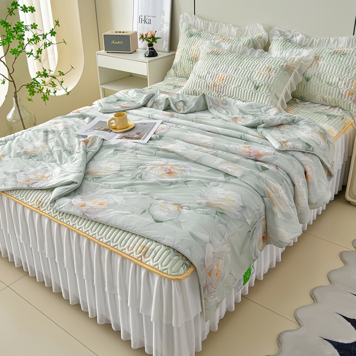 91家纺网 家纺一手货源 找家纺 畅畅家纺 2026春夏新款凉感丝乳胶床裙凉席三件套印花凉席席子-足球花 足球花-繁花-绿