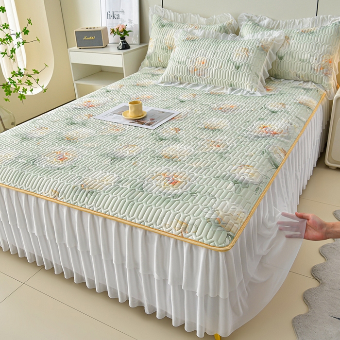 91家纺网 家纺一手货源 找家纺 畅畅家纺 2026春夏新款凉感丝乳胶床裙凉席三件套印花凉席席子-足球花 足球花-繁花-绿