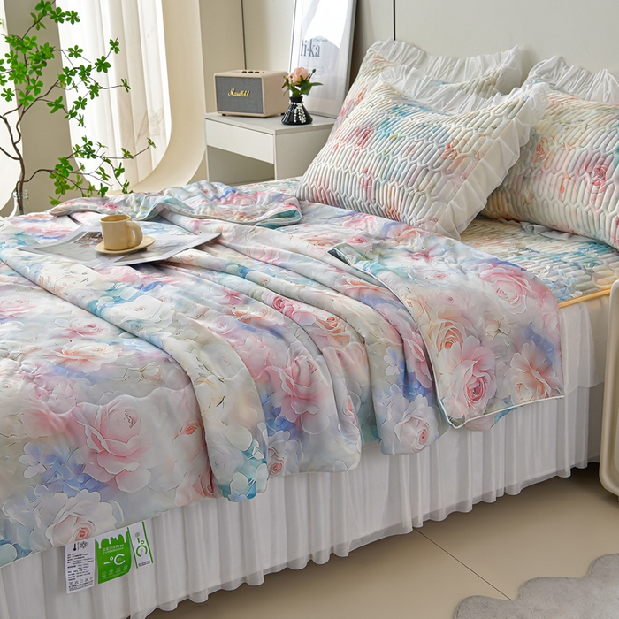 91家纺网 家纺一手货源 找家纺 畅畅家纺 2026春夏新款凉感丝乳胶床裙凉席三件套印花凉席席子-足球花 足球花-繁花-粉