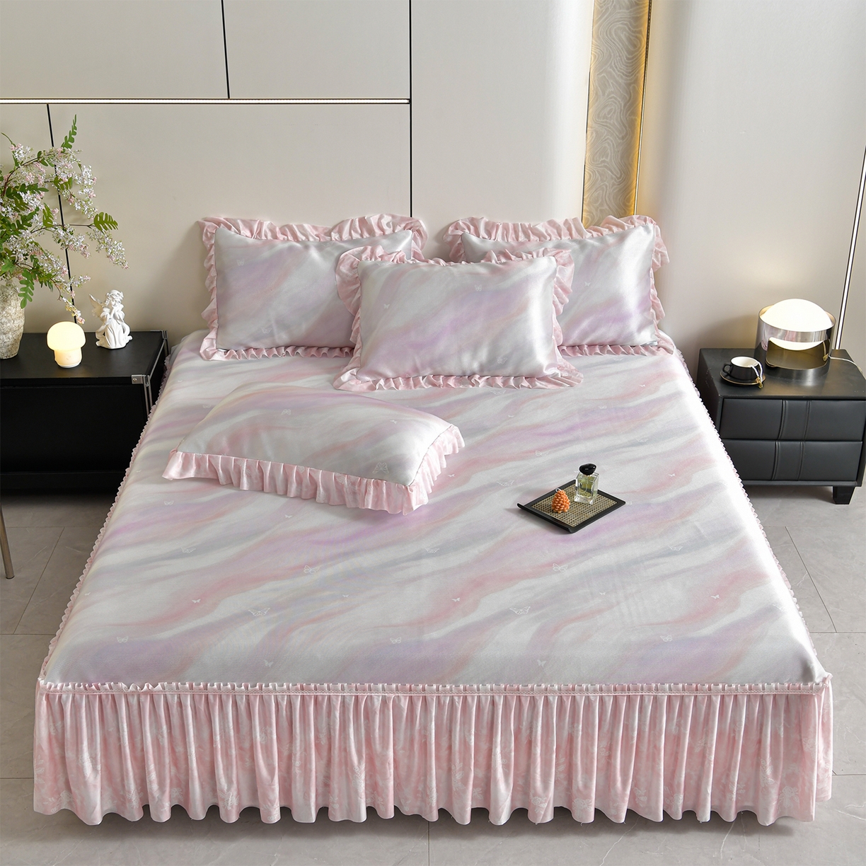 畅畅家纺 2026春夏新款豆豆冰丝印花复合床裙款席子凉席三件套 炫彩-粉