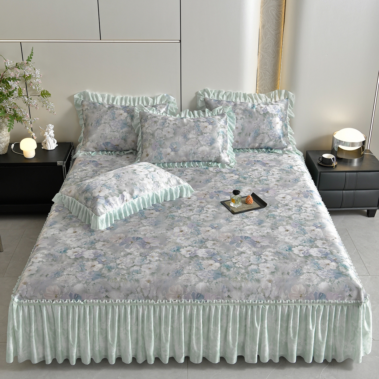 畅畅家纺 2026春夏新款豆豆冰丝印花复合床裙款席子凉席三件套 柔梦-绿