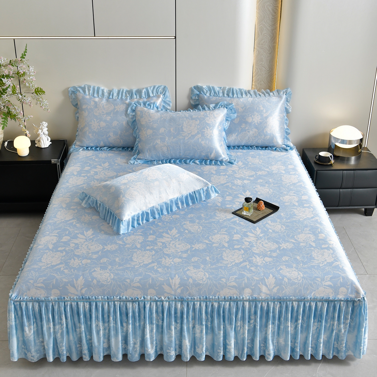 畅畅家纺 2026春夏新款豆豆冰丝印花复合床裙款席子凉席三件套 花颜-蓝