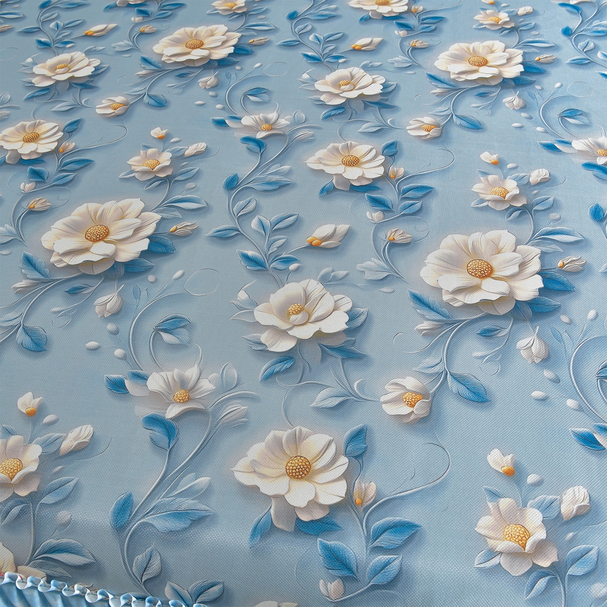 91家纺网 家纺一手货源 找家纺 畅畅家纺 2026春夏新款豆豆冰丝印花复合床裙款席子凉席三件套 栀子-蓝