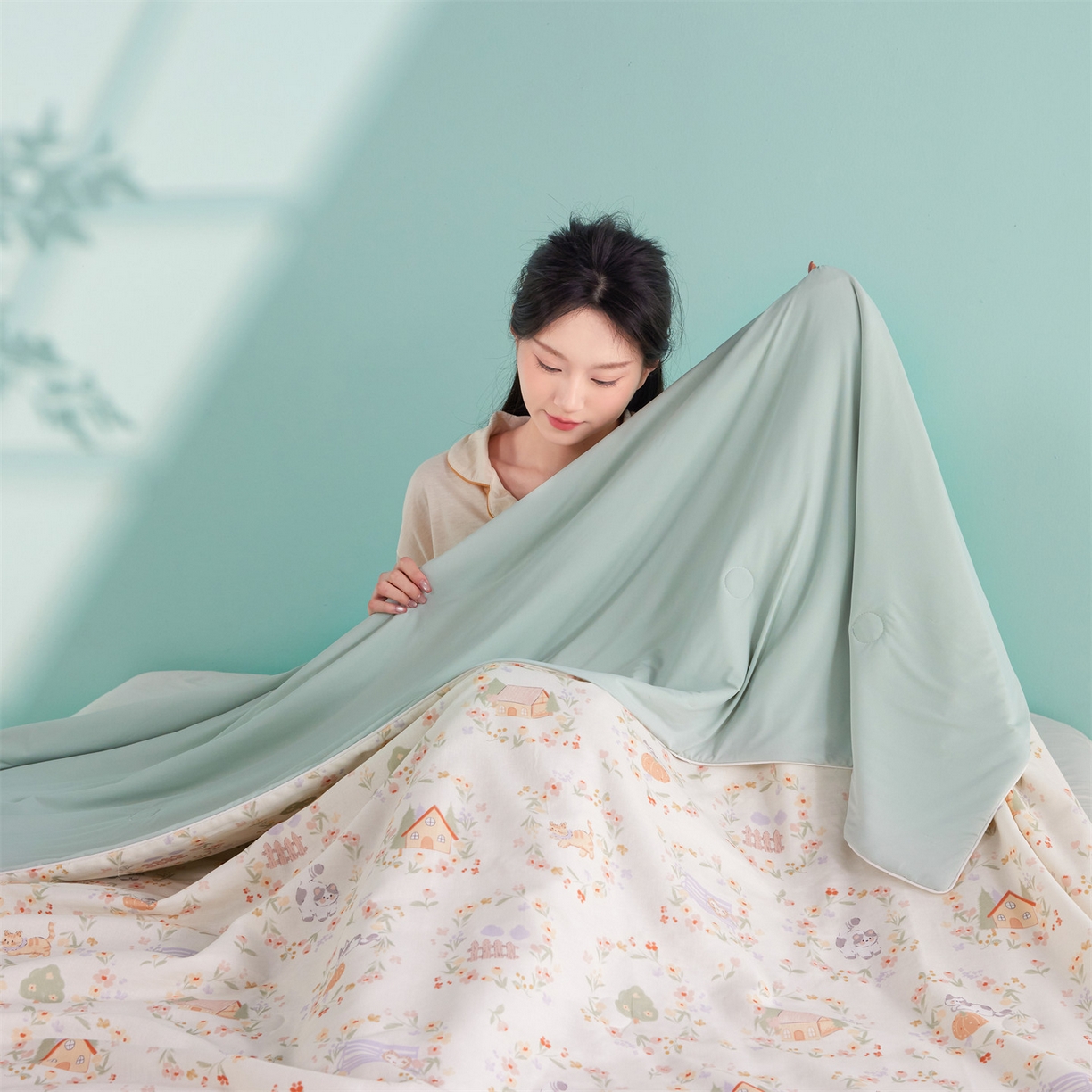 91家纺网 家纺一手货源 找家纺 瑞米家居 2026新款A类冰纱双感被夏被夏凉被空调被 萌宠小猫-米