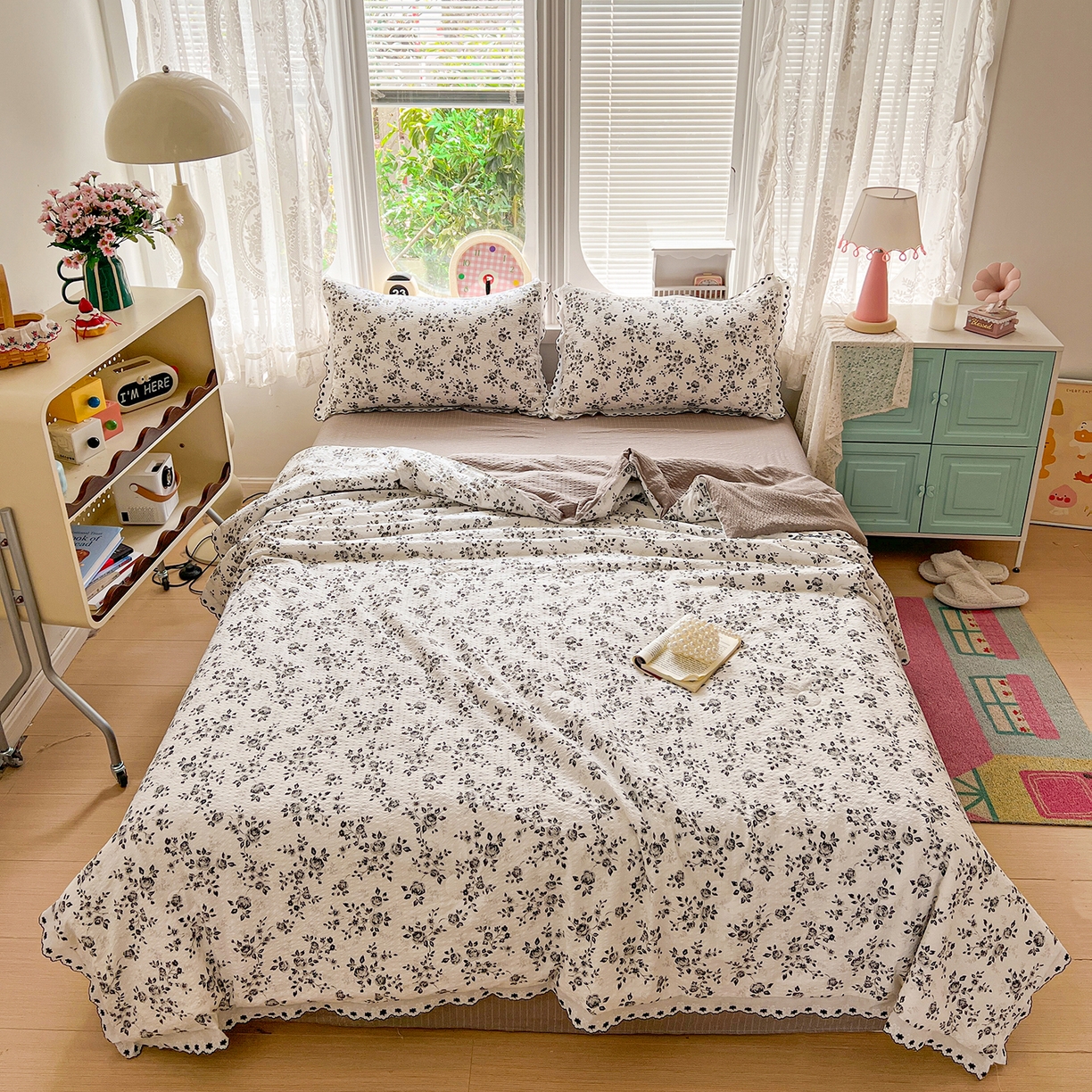 91家纺网 家纺一手货源 找家纺 恒尚居 2026新款A类泡芙纱花边夏被夏凉被空调被四套件 【黑玫瑰】全棉花边