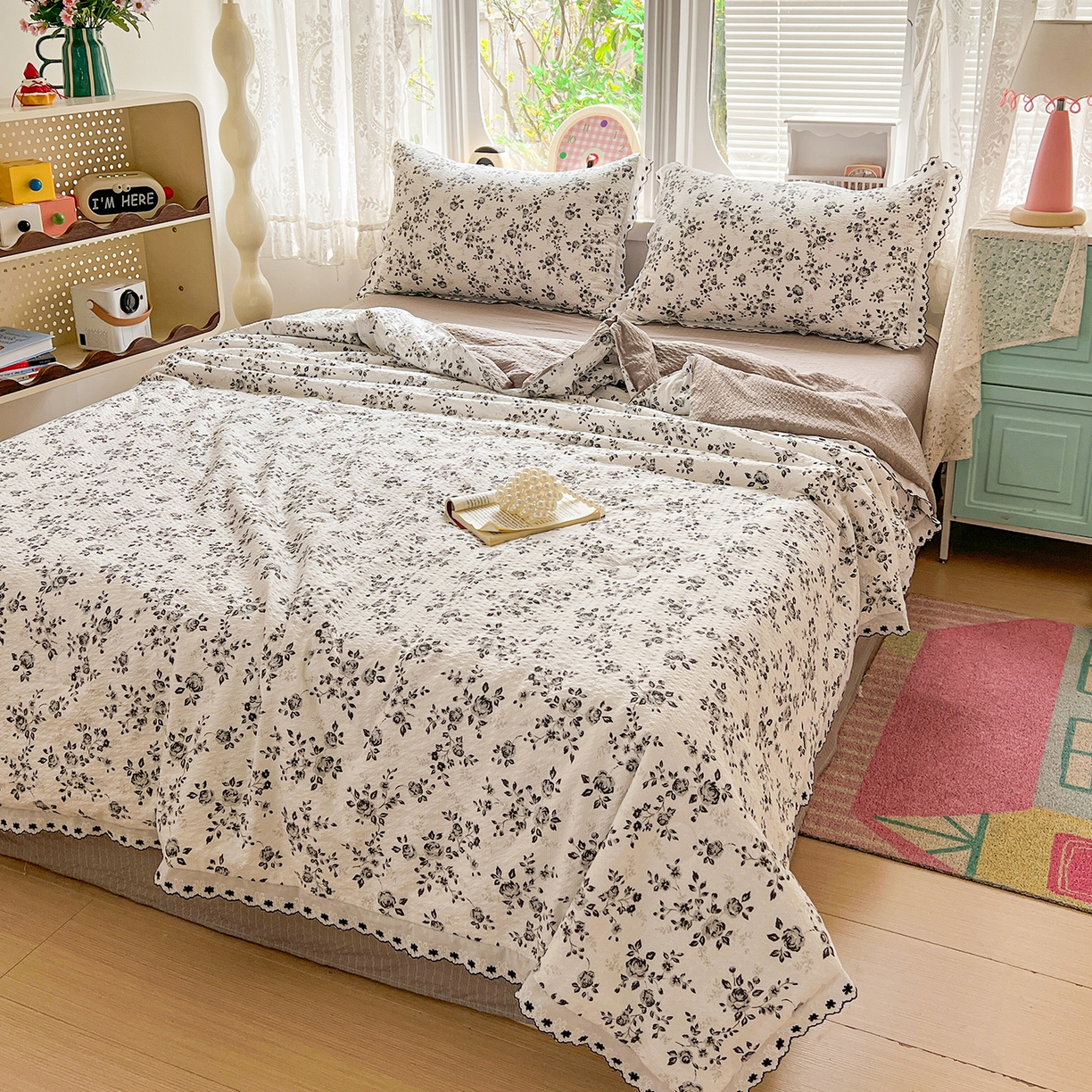 91家纺网 家纺一手货源 找家纺 恒尚居 2026新款A类泡芙纱花边夏被夏凉被空调被四套件 【黑玫瑰】全棉花边