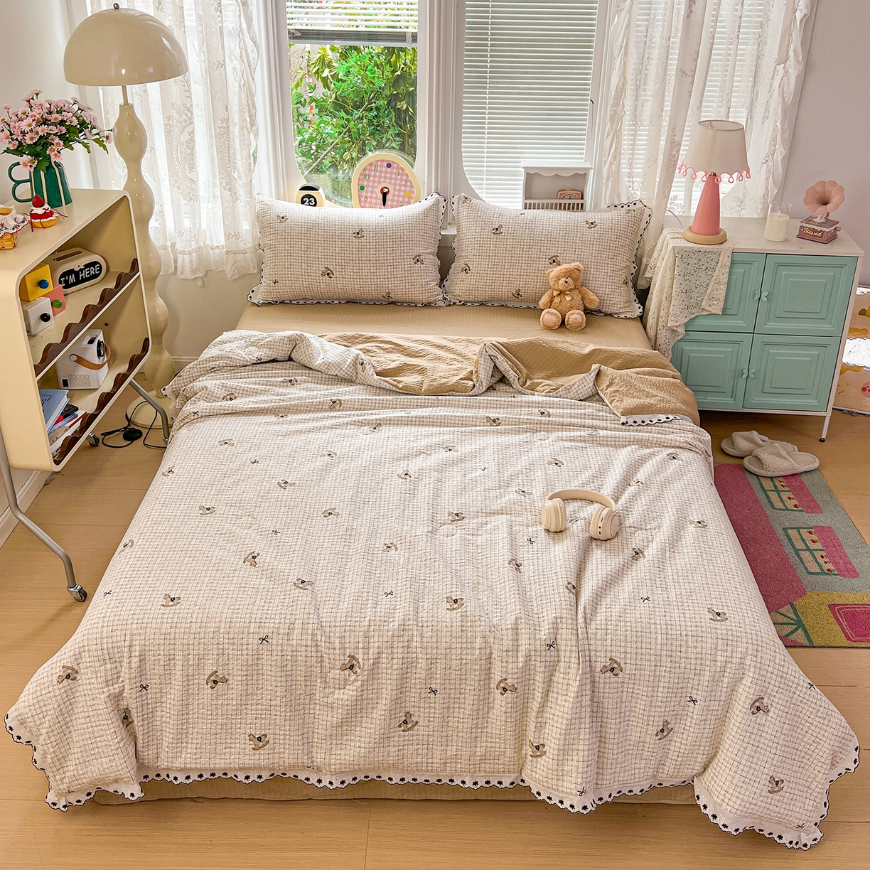 91家纺网 家纺一手货源 找家纺 恒尚居 2026新款A类泡芙纱花边夏被夏凉被空调被四套件 【细格木马】全棉花边