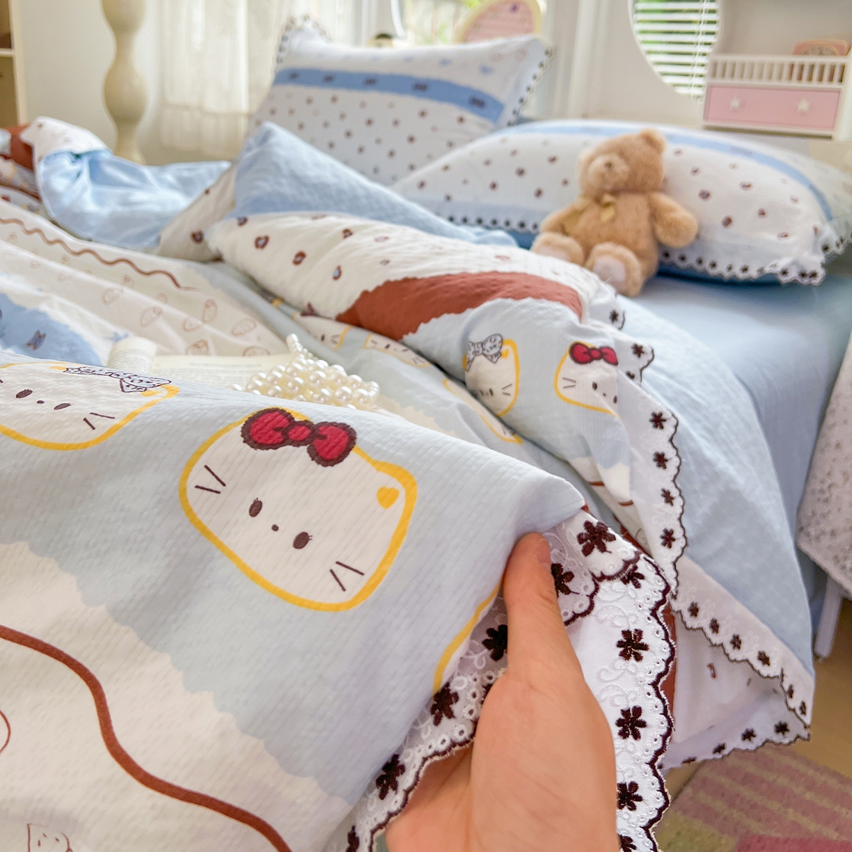 91家纺网 家纺一手货源 找家纺 恒尚居 2026新款A类泡芙纱花边夏被夏凉被空调被四套件 【波点奶芙】全棉花边