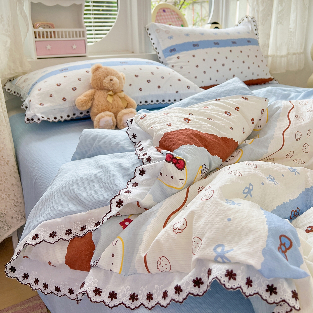 91家纺网 家纺一手货源 找家纺 恒尚居 2026新款A类泡芙纱花边夏被夏凉被空调被四套件 【波点奶芙】全棉花边