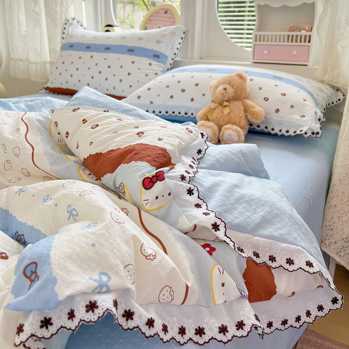 91家纺网 家纺一手货源 找家纺 恒尚居 2026新款A类泡芙纱花边夏被夏凉被空调被四套件 【波点奶芙】全棉花边