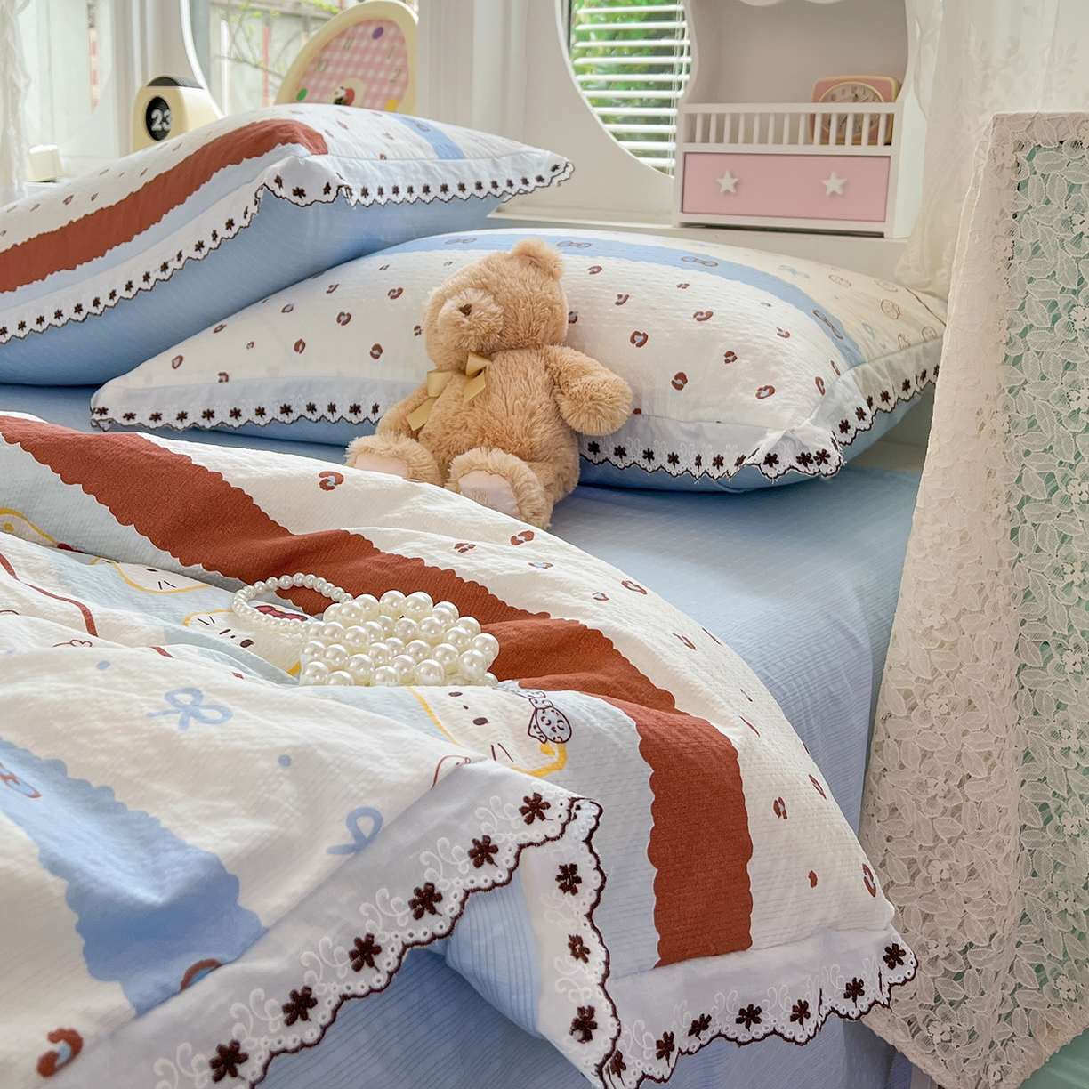 91家纺网 家纺一手货源 找家纺 恒尚居 2026新款A类泡芙纱花边夏被夏凉被空调被四套件 【波点奶芙】全棉花边