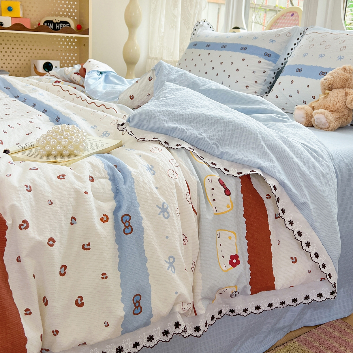 91家纺网 家纺一手货源 找家纺 恒尚居 2026新款A类泡芙纱花边夏被夏凉被空调被四套件 【波点奶芙】全棉花边