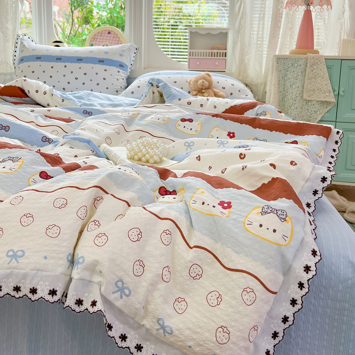 91家纺网 家纺一手货源 找家纺 恒尚居 2026新款A类泡芙纱花边夏被夏凉被空调被四套件 【波点奶芙】全棉花边