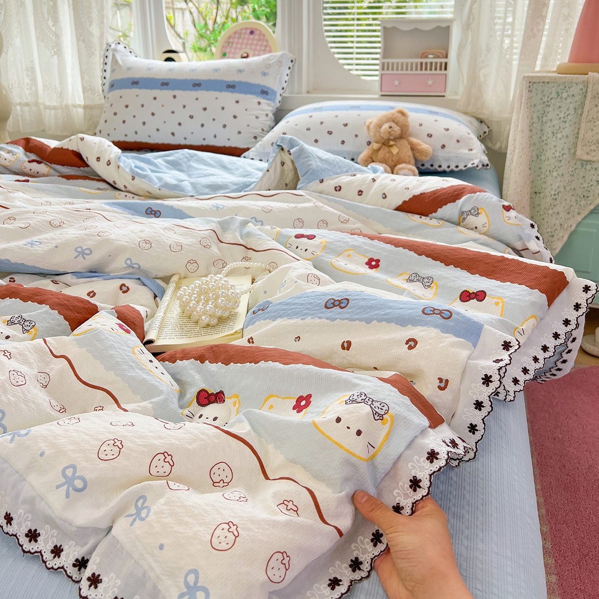 91家纺网 家纺一手货源 找家纺 恒尚居 2026新款A类泡芙纱花边夏被夏凉被空调被四套件 【波点奶芙】全棉花边