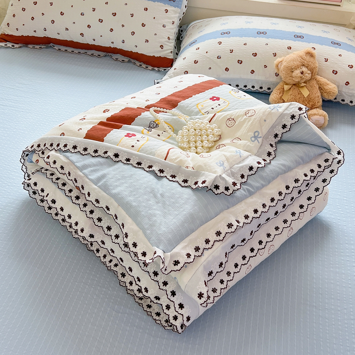 91家纺网 家纺一手货源 找家纺 恒尚居 2026新款A类泡芙纱花边夏被夏凉被空调被四套件 【波点奶芙】全棉花边