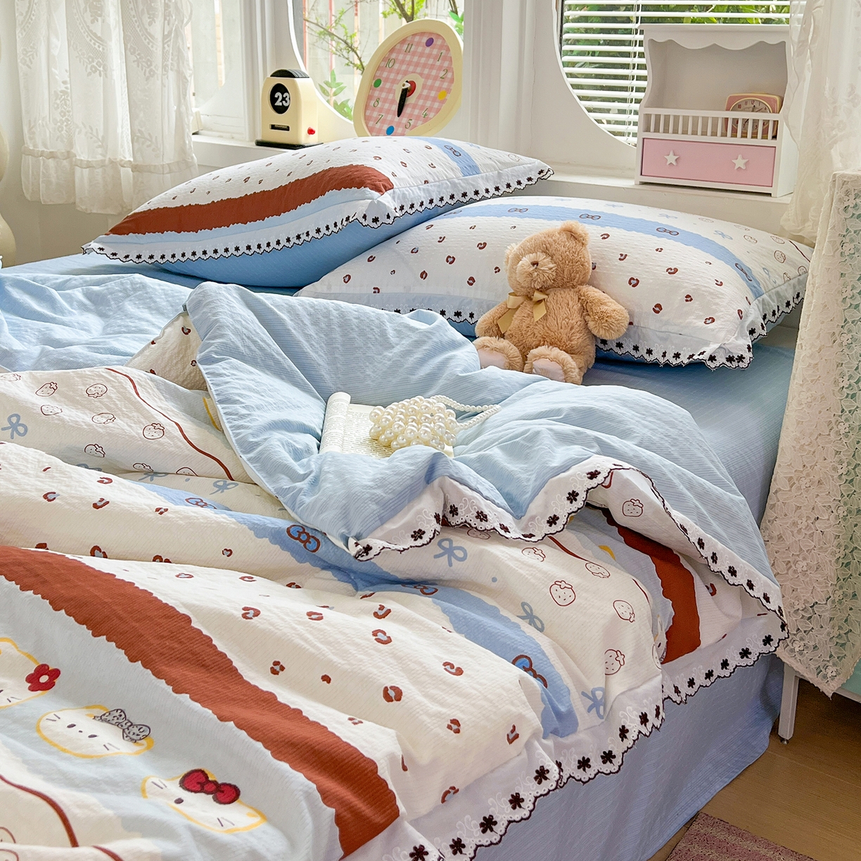 91家纺网 家纺一手货源 找家纺 恒尚居 2026新款A类泡芙纱花边夏被夏凉被空调被四套件 【波点奶芙】全棉花边